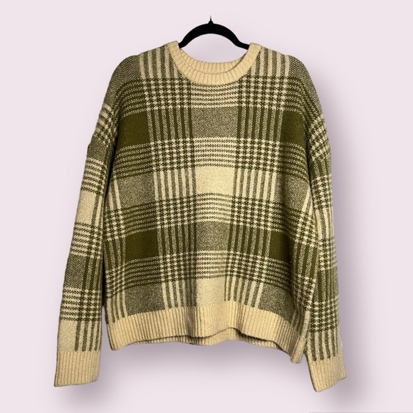 OAK + FORT Sweaters - Oak + Fort Olive Green Plaid Crew Neck Sweater
